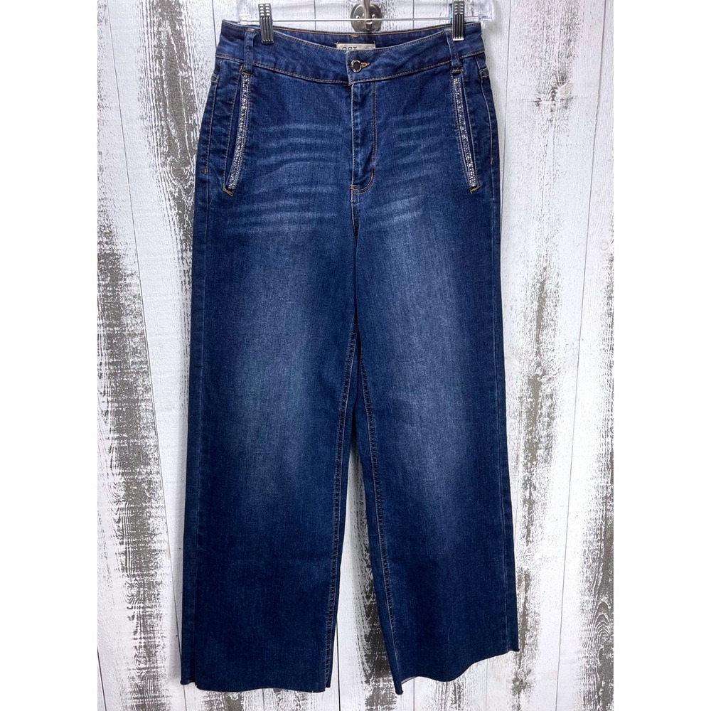 OAT New York Wide Leg Jeans Womens 6/28 Blue Rhinestone Trim Raw Hem Stretch